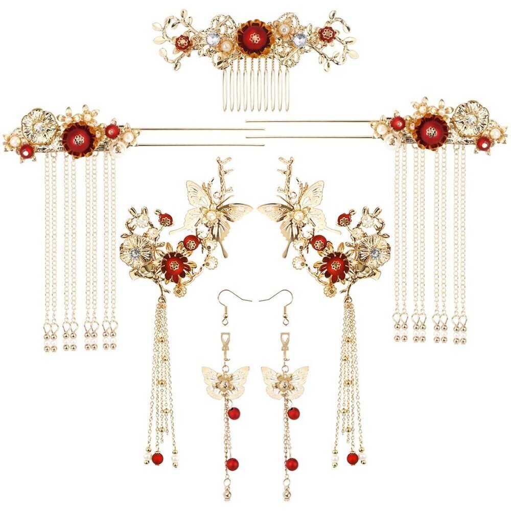 Butterfly Tassel Hair Clips Set Vintage Pearl Rhinestone Elegant Traditional